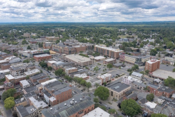 Aerial of Broadway and Church St., Saratoga Springs. Photo by Super Source Media.
